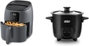 DASH Tasti-Crisp™ Digital Air Fryer, 2.6 Quart - Cool Grey & Mini Rice Cooker Steamer with Removable Nonstick Pot, Keep Warm Function & Recipe Guide, 2 cups - Black