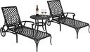 Outvita Outdoor Chaise Lounge Chairs Set of 2, Pool Cast Aluminum Recliner Table Set with 3-Position Adjustable Back, Armrest and Wheels for Backyard Porch Patio Balcony Deck