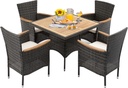 5 Piece Patio Wicker Dining Sets for 4, Water-Resistant Rattan Outdoor Dining Table and 4 Chairs with Wood Table Top, Conversation Set Removable Cushions for Deck, Garden, Backyard, Gray