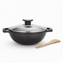 Mūžīga lieta Dzelzs Kadhai 24cm ar stiklu Lid & Wooden Spatula 