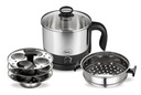 Pigeon ar Stovekraft 1.5 Liters Universāls Kessel 3 1 valutēšanas iepakojumā, Multi Cooker, Idli Stand ar 3 platēm, Tvaikonis ar nerūsoša tērauda stendu (Melns un sudrabs), 600 W