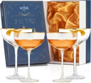 Vintage Crystal Champagne Coupe Gold Rim Glasses | Set of 4 | 7 oz, Gilded Rim Classic Cocktail Glassware - Martini, Manhattan, Cosmopolitan, Sidecar, Daiquiri | 1920s Style Saucer Goblets | Gift Box