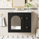 24" Floating Bathroom Vanity with Ceramic Sink, Wall Mounted Bathroom Storage Cabinet with Fluted Glass Door and 2 Drawers, Easy Assembly Vanities