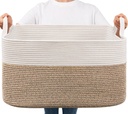 Goodpick Large Woven Blanket Basket, 21.6" x 14.9" x 11.8" Storage Baskets for Organizing, Rectangle Cotton Rope Toy Basket for Living Room, Bedroom, White & Brown