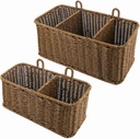 AceList Wall Hanging Basket with Compartment, Woven Hanging Storage Baskets with Hooks - Set of 2, Boho Organizer for Toilet Tank, Bathroom, Kitchen, and Pantry Decor