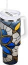 Qilmy 30 oz Stained Glass Tumbler with Handle and Straw Lid for Water Iced Tea or Coffee, Stainless Steel Insulated Leak-proof Travel Coffee Mug Cup Gifts