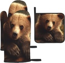 Oven Mitts and Pot Holders 3 pcs Set Cooking Glove Bear Lying on The Tree Oven Mitt Heat Resistant Oven Glove for Cooking Kitchen Oven Gloves Non-Slip Oven Mittens for Microwave Baking BBQ