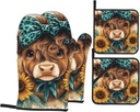 4 Pcs Teal Highland Cow Oven Mitts and Potholders,Kitchen Oven Glove with Pot Holders,Non-Slip Gloves High Heat Resistant 500 Degree for BBQ, Grill, Baking, Cooking, Oven, Microwave