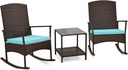 Nightcore 3 PCS Patio Rocking Chair Set, Wicker Rocking Chairs w/Soft Cushions & 2-Tier Glass Coffee Table, Outdoor Conversation Furniture Set for Balcony, Garden, Poolside (Turquoise)