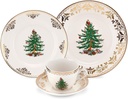Spode Christmas Tree Gold 4-Piece Holiday Dinnerware Set - Fine Earthenware Tableware with 22K Gold Accents - Dinner Plate, Salad Plate, Teacup & Saucer - Festive Christmas Tableware, Dishwasher Safe