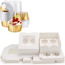 EUSOAR Disposable Ramekins and Cupcake Boxes, Gold 50pcs 5oz Mini Aluminium Foil Baking Cups with Lids, 50pcs Food Grade White Color Cupcake Carrier with Insert Display Window Fits 4 Cupcakes