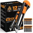 REXBETI 12-Pack Utility Knife, ievelkamais kastes katls kartona kastēm, kartona un kārbām, 18mm Wider Razor Sharp Blade, gluds mehānisms, ideāls lietošanai birojā un mājās