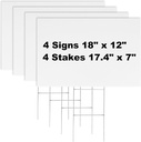 4 Pack 18 x 12 Inches White Corrugated Plastic Yard Sign with Metal Stakes for Birthday, Real Estate Garage Sale Signs, Rent, Guidepost Decorations