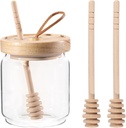 Honey Pot 9.3 oz Airtight Glass Honey Jars with 3Pcs Wooden Honey Dippers Stick Set Storing Honey Syrup Dispenser Containers with Wooden Lid for Home Kitchen
