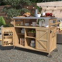 LZ LEISURE ZONE Large Outdoor Grill Table, Farmhouse Solid Wood Outdoor Kitchen Island Bar Table with Stainless Steel Top, Rolling Bar Cart with Storage Cabinet for Patio/Kitchen/Grill, Natural